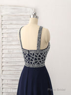 Dark Blue Chiffon Beads Long Prom Dress, Blue Evening Dress
