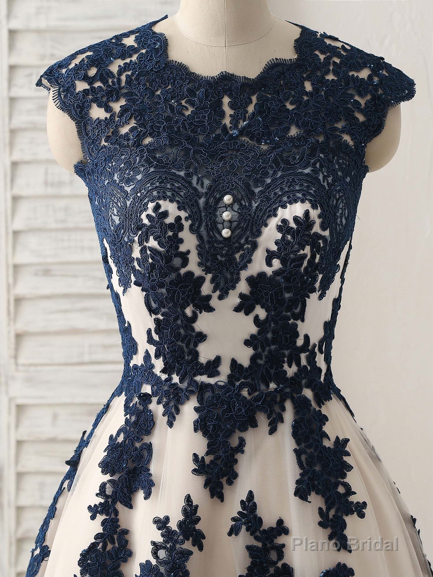 Dark Blue Lace Applique Tulle Long Prom Dress Blue Bridesmaid Dress