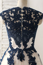 Dark Blue Lace Applique Tulle Long Prom Dress Blue Bridesmaid Dress