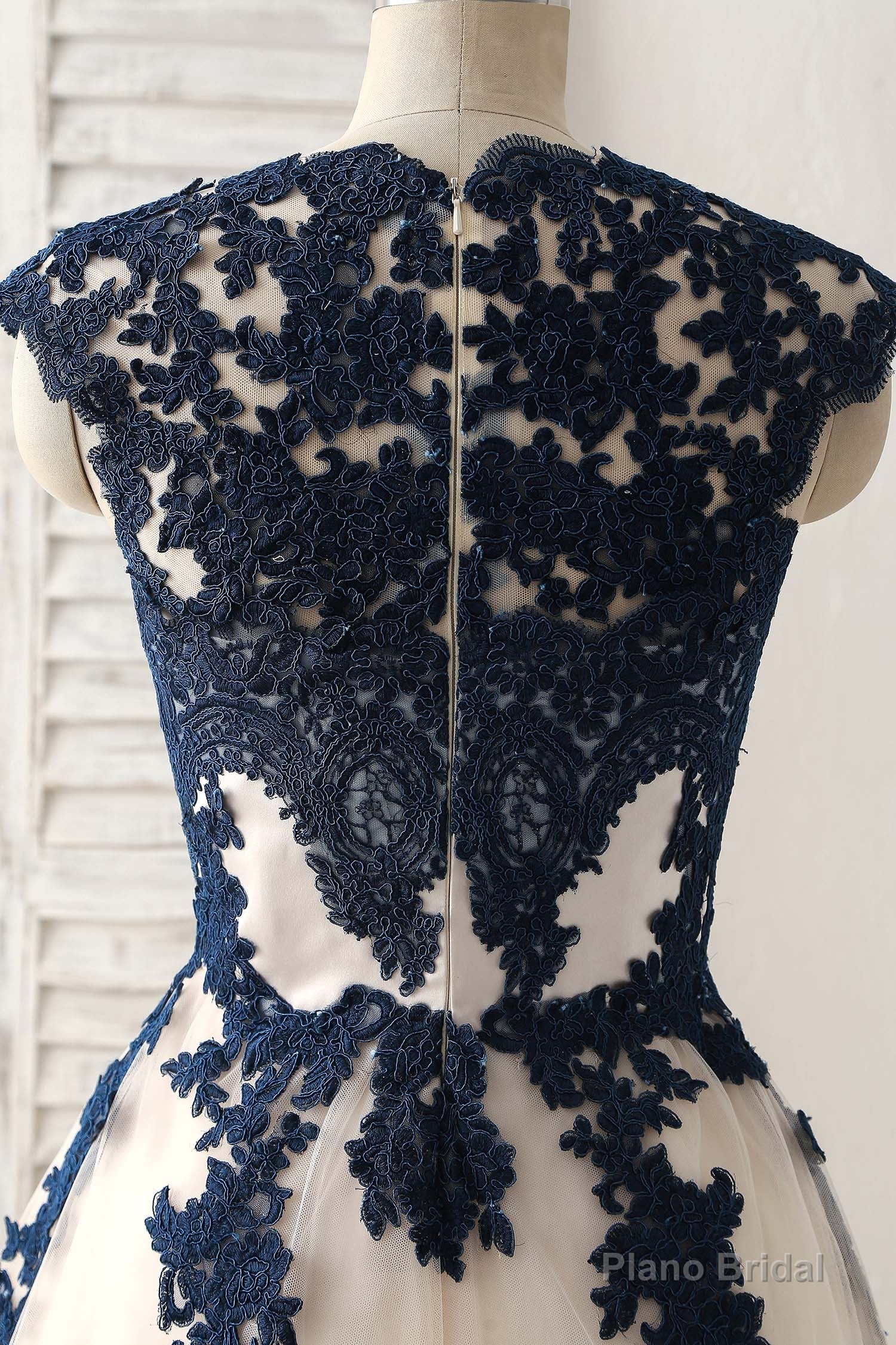 Dark Blue Lace Applique Tulle Long Prom Dress Blue Bridesmaid Dress