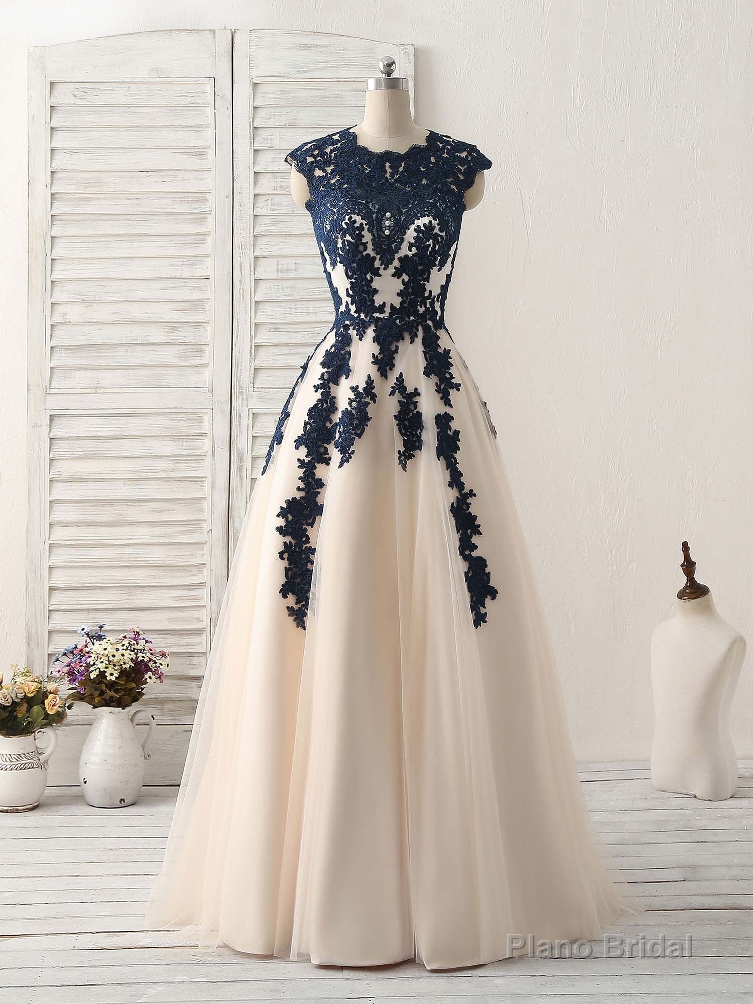 Dark Blue Lace Applique Tulle Long Prom Dress Blue Bridesmaid Dress Main image