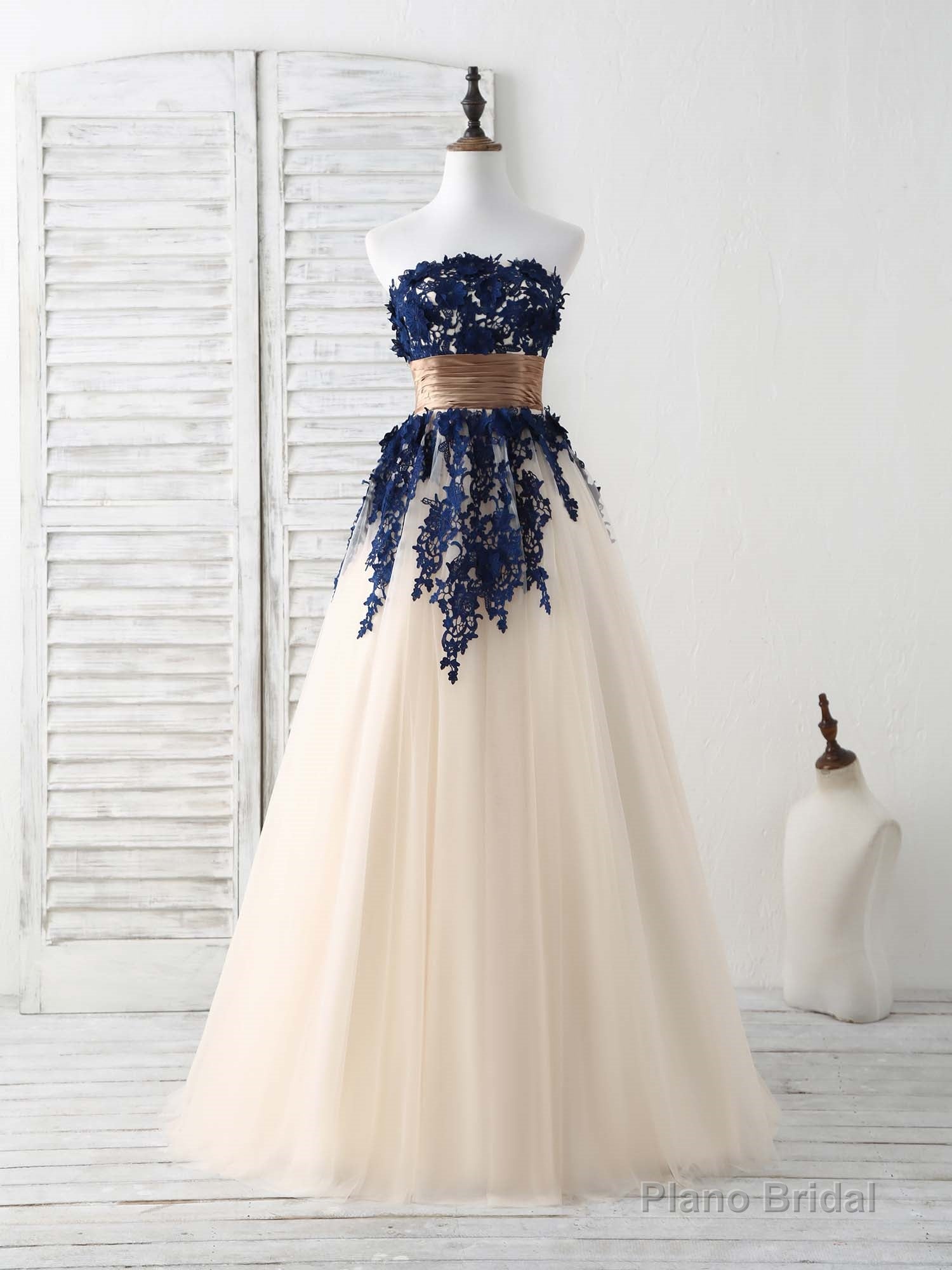 Dark Blue Lace Applique Tulle Long Prom Dress Blue Bridesmaid Dress Secondary image