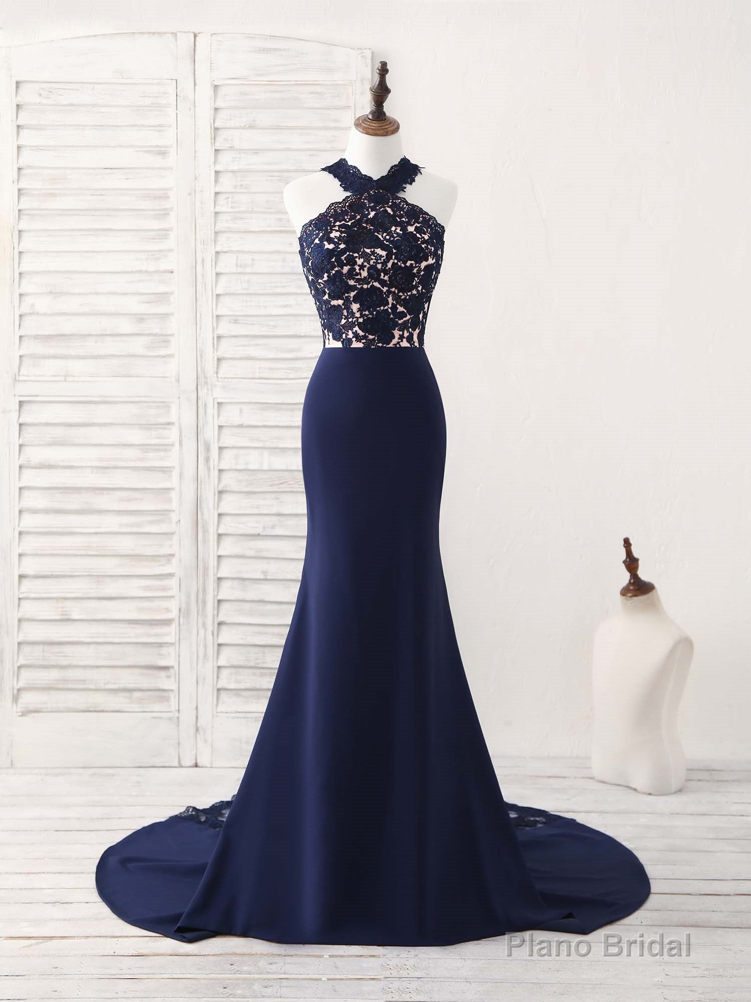 Dark Blue Lace Mermaid Long Prom Dress Mermaid Bridesmaid Dress Main image