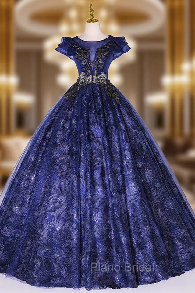 Dark Blue Lace Tulle Appliques Quinceanera Dresses