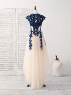 Dark Blue Lace Tulle High Low Prom Dress Blue Bridesmaid Dress