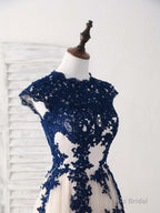 Dark Blue Lace Tulle High Low Prom Dress Blue Bridesmaid Dress