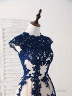 Dark Blue Lace Tulle High Low Prom Dress Blue Bridesmaid Dress
