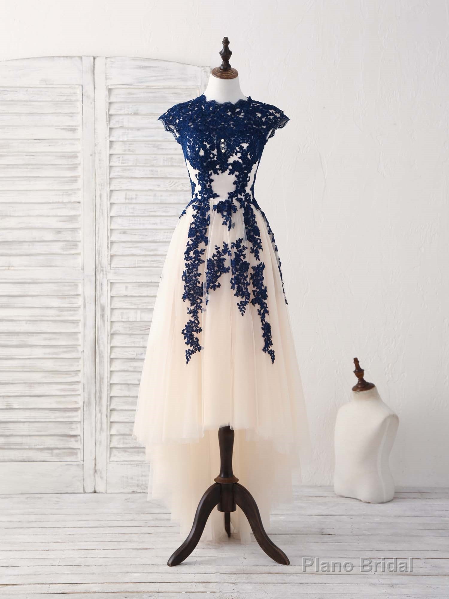 Dark Blue Lace Tulle High Low Prom Dress Blue Bridesmaid Dress Secondary image