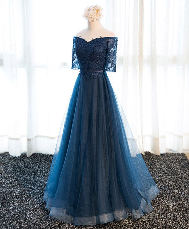 Dark Blue Lace Tulle Long Prom Dress, Lace Evening Dress Main image