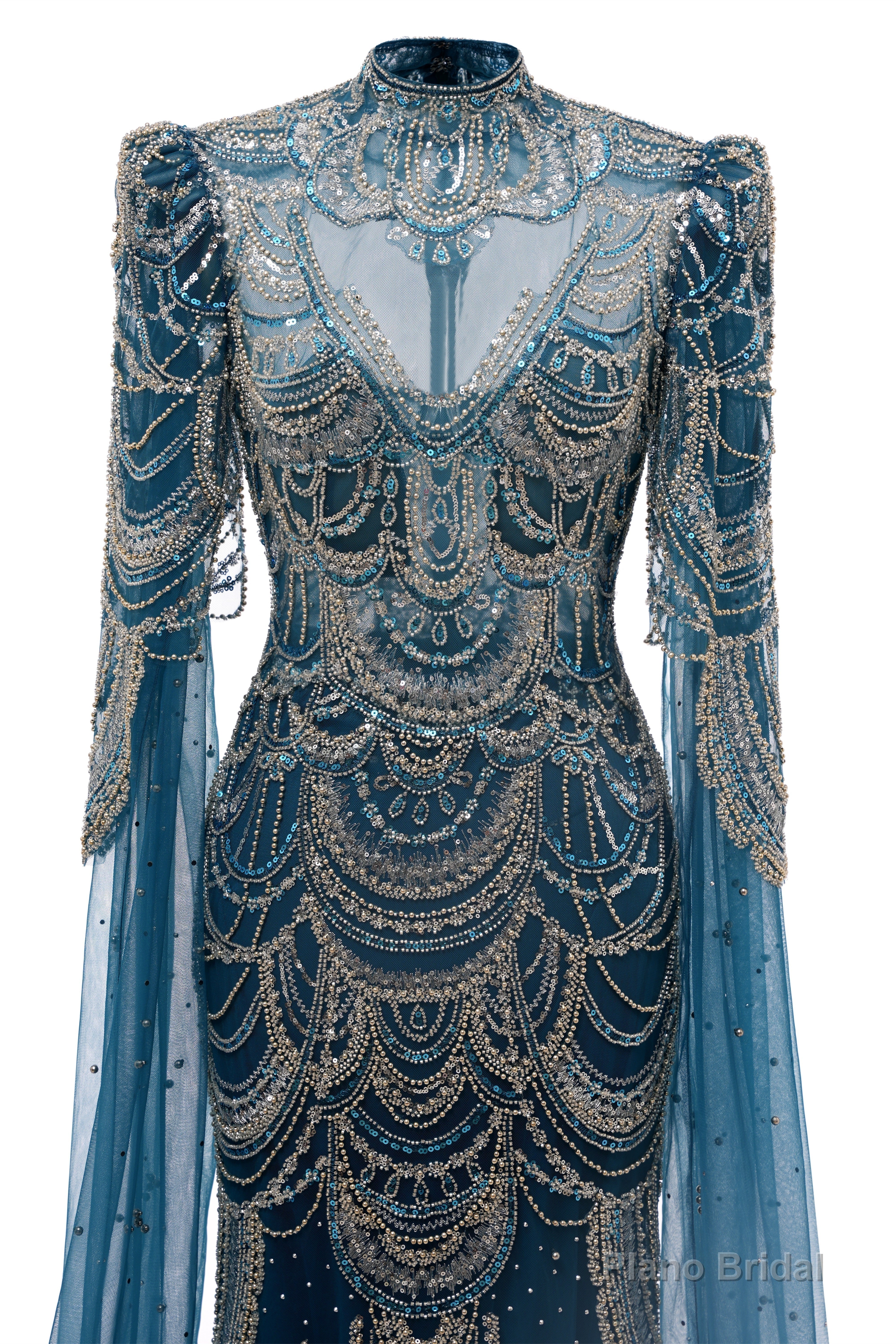 Dark Blue Mermaid Prom Dresses Beading Tulle Women Luxury Evening Dresses High Neck Long Sleeves Secondary image