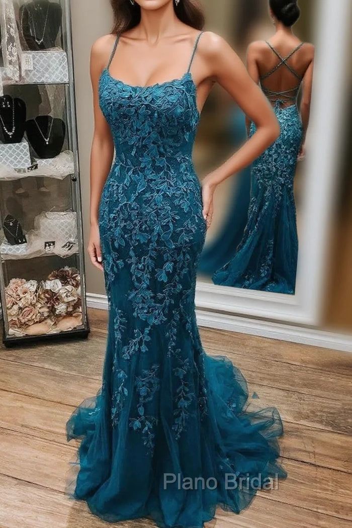 Dark Blue Mermaid Spaghetti Straps Appliques Formal Prom Dresses