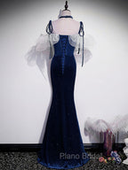 Dark Blue Mermaid Velvet Long Formal Prom Dresses, Blue Formal Evening Dresses