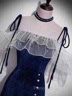 Dark Blue Mermaid Velvet Long Formal Prom Dresses, Blue Formal Evening Dresses