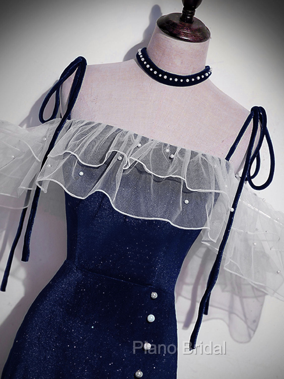 Dark Blue Mermaid Velvet Long Formal Prom Dresses, Blue Formal Evening Dresses
