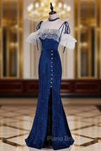 Dark Blue Mermaid Velvet Long Formal Prom Dresses, Blue Formal Evening Dresses