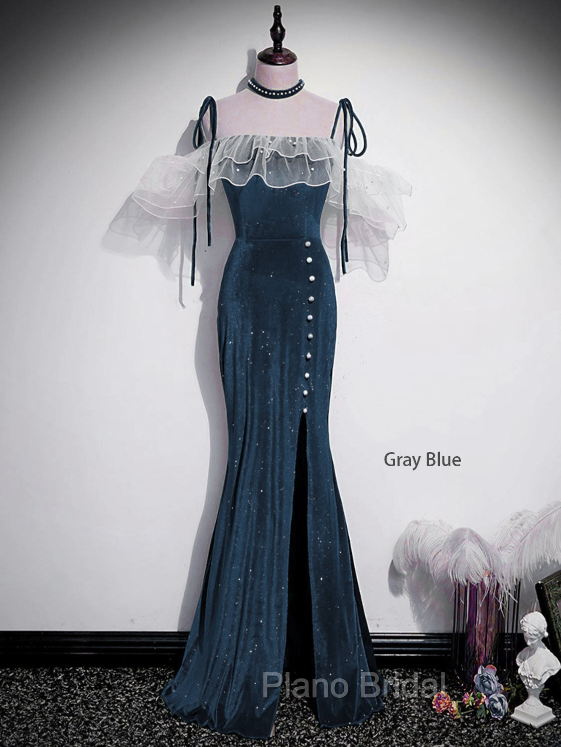 Dark Blue Mermaid Velvet Long Formal Prom Dresses, Blue Formal Evening Dresses