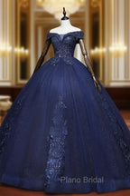 Dark Blue Off Shoulder Tulle Lace Long Formal Prom Gown, Blue Sweet 16 Dresses With Beading Sequin