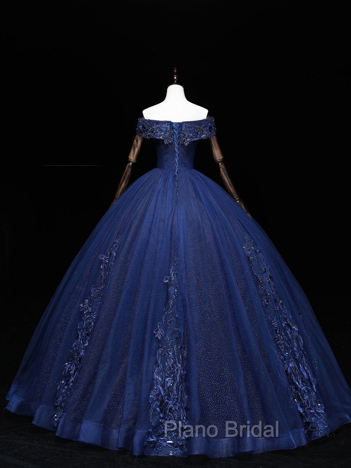 Dark Blue Off Shoulder Tulle Lace Long Formal Prom Gown, Blue Sweet 16 Dresses With Beading Sequin