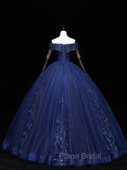 Dark Blue Off Shoulder Tulle Lace Long Formal Prom Gown, Blue Sweet 16 Dresses With Beading Sequin