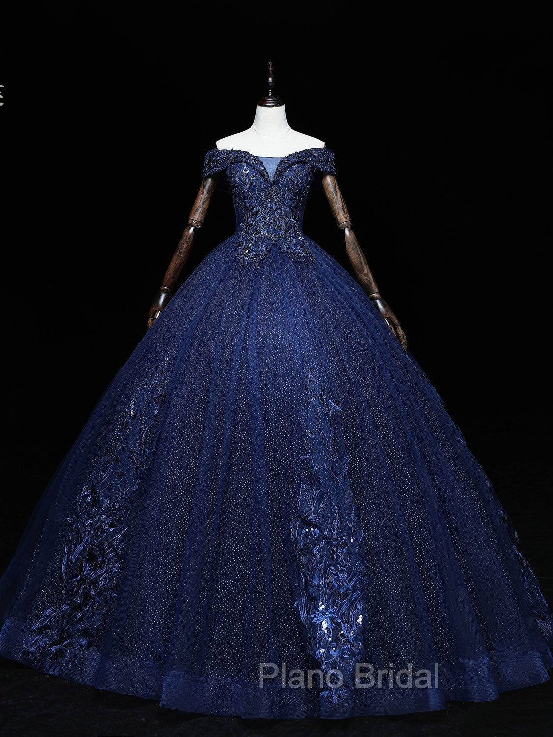 Dark Blue Off Shoulder Tulle Lace Long Formal Prom Gown, Blue Sweet 16 Dresses With Beading Sequin Secondary image
