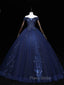 Dark Blue Off Shoulder Tulle Lace Long Formal Prom Gown, Blue Sweet 16 Dresses With Beading Sequin