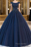 Dark blue round neck tulle lace long Formal Prom dress, blue tulle lace evening dress
