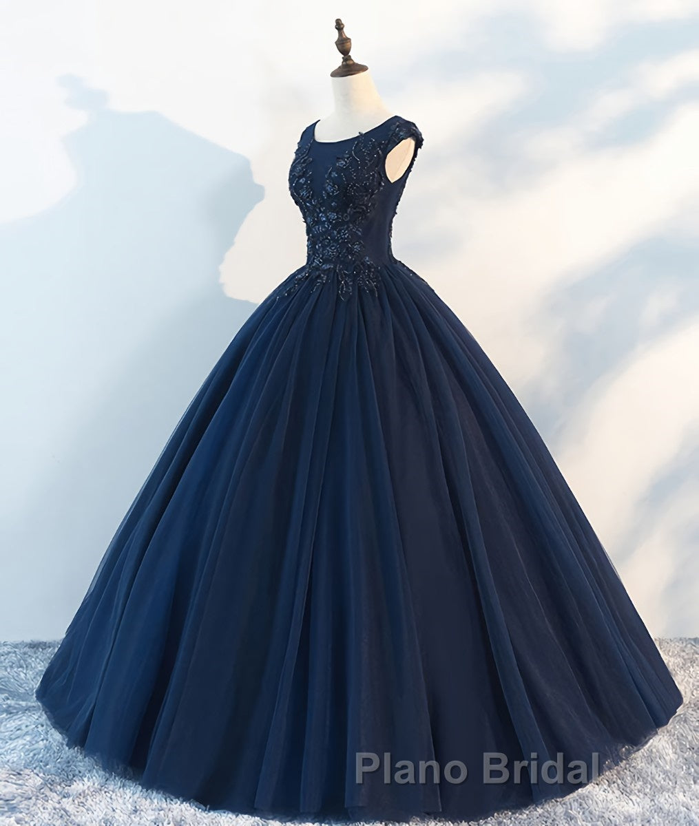 Dark blue round neck tulle lace long Formal Prom dress, blue tulle lace evening dress Secondary image