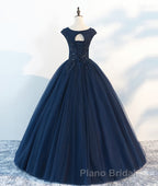 Dark blue round neck tulle lace long Formal Prom dress, blue tulle lace evening dress