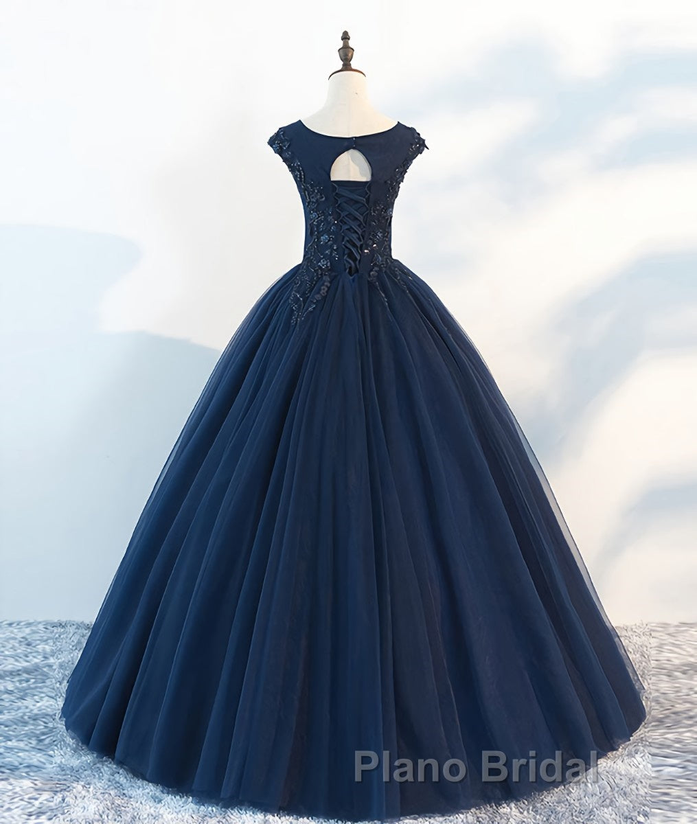 Dark blue round neck tulle lace long Formal Prom dress, blue tulle lace evening dress