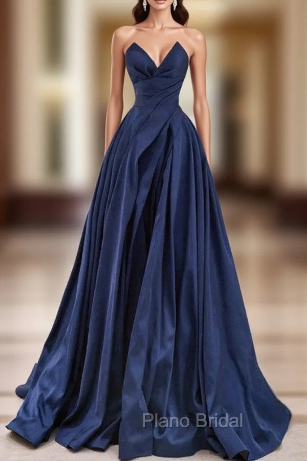 Dark Blue Satin Strapless Formal Prom Dresses Main image