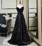Dark Blue Sequin A Line Spaghetti Straps Bling Bling Formal Prom Dresses