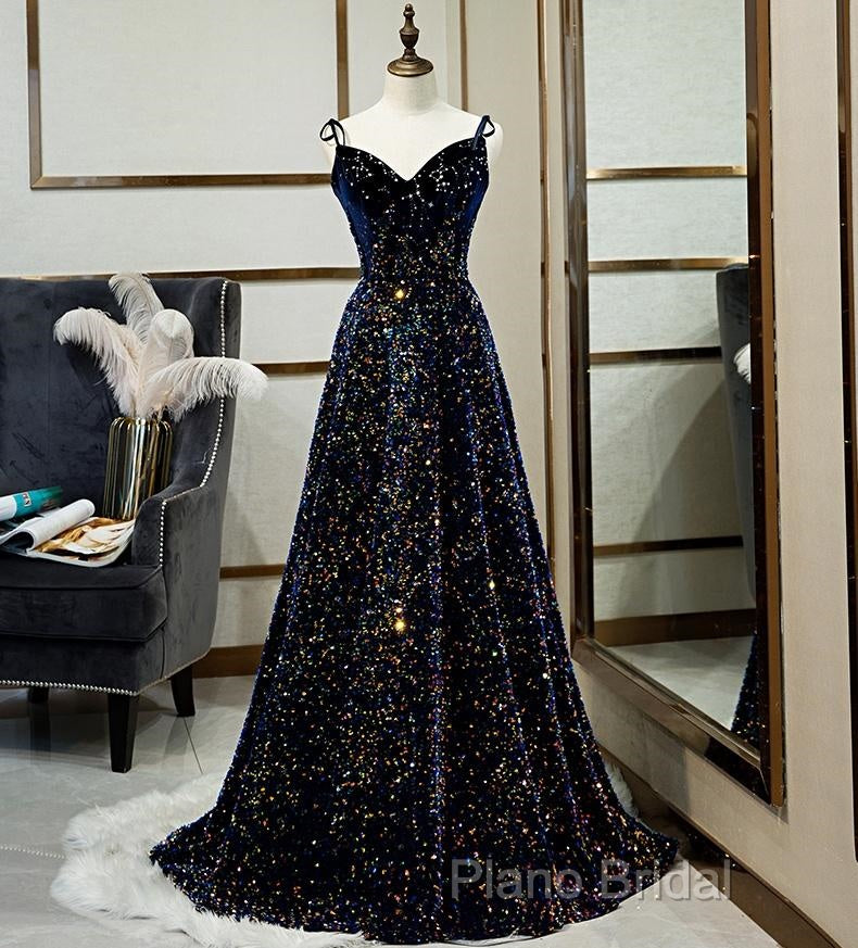 Dark Blue Sequin A Line Spaghetti Straps Bling Bling Formal Prom Dresses