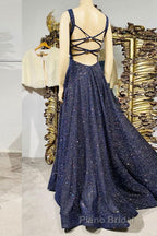 Dark blue sequin long Formal Prom dress , blue evening dress
