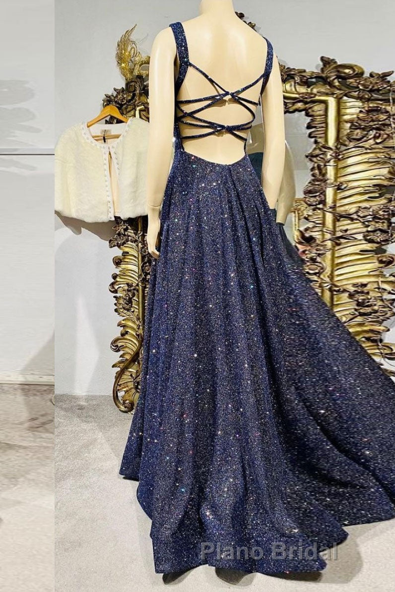 Dark blue sequin long Formal Prom dress , blue evening dress