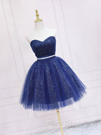 Dark Blue Sweetheart Neck Tulle Sequin Short Formal Prom Dresses Blue Puffy Homecoming Dresses