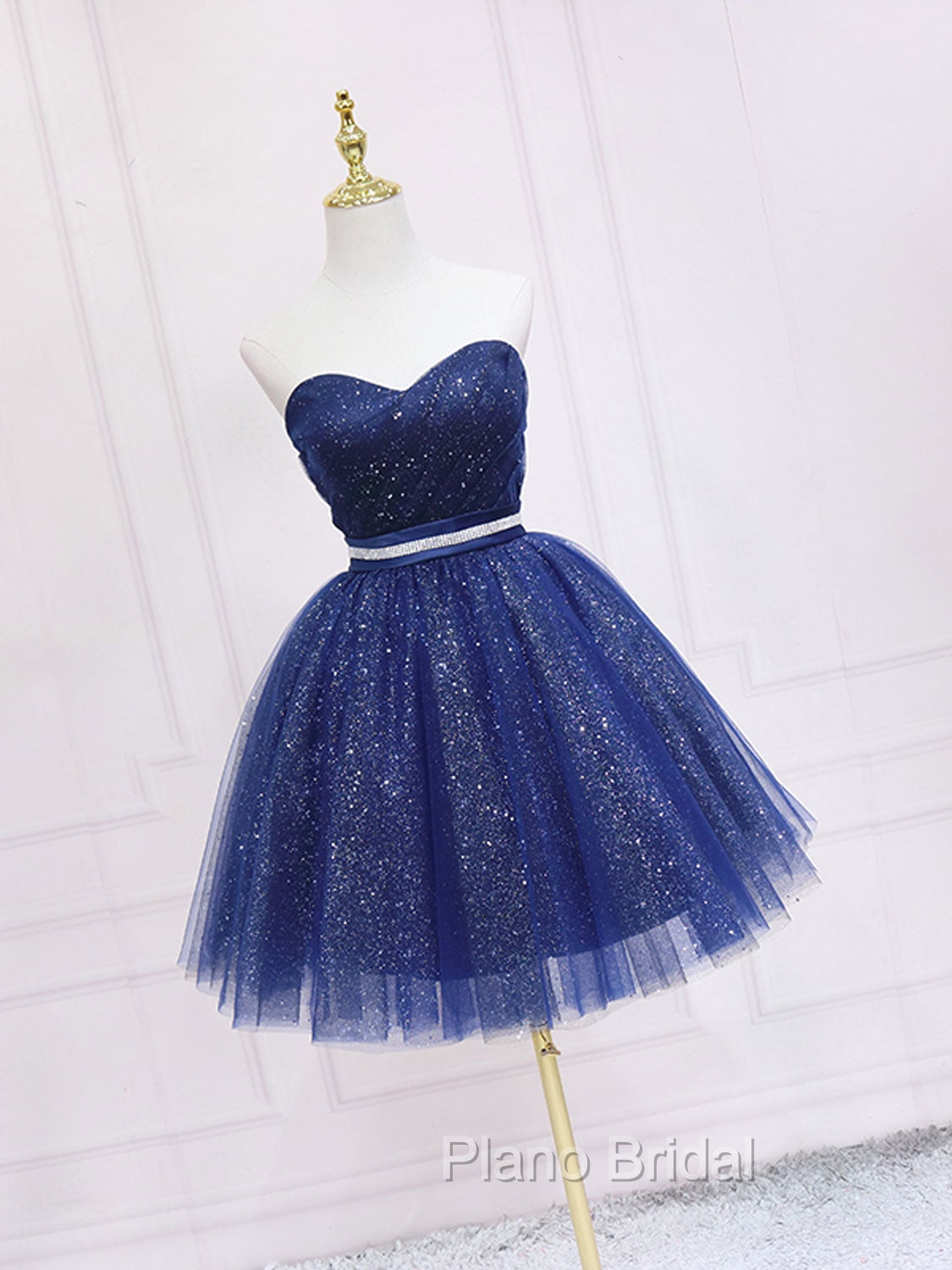 Dark Blue Sweetheart Neck Tulle Sequin Short Formal Prom Dresses Blue Puffy Homecoming Dresses