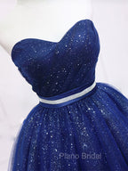 Dark Blue Sweetheart Neck Tulle Sequin Short Formal Prom Dresses Blue Puffy Homecoming Dresses