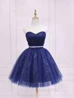 Dark Blue Sweetheart Neck Tulle Sequin Short Formal Prom Dresses Blue Puffy Homecoming Dresses