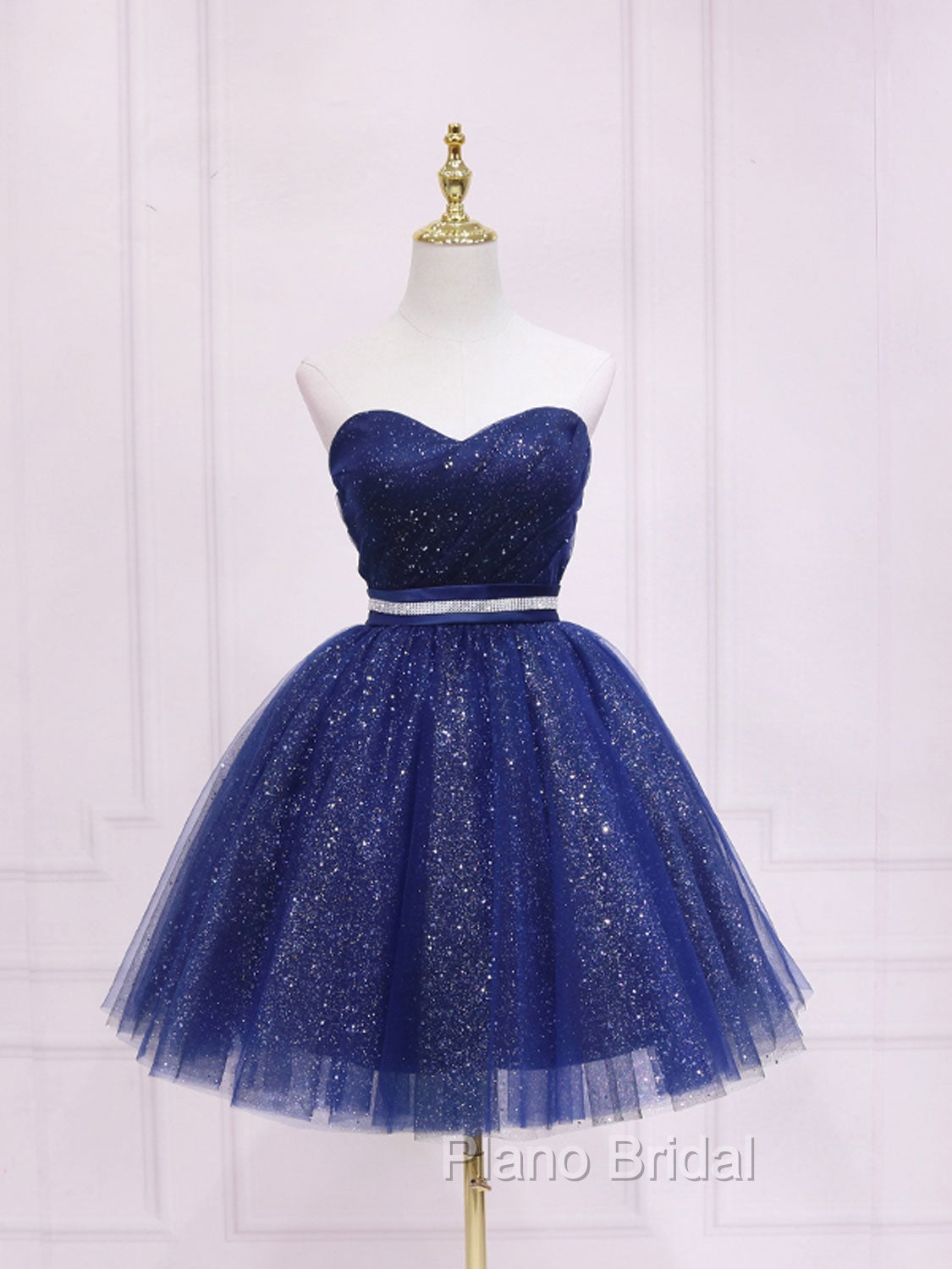 Dark Blue Sweetheart Neck Tulle Sequin Short Formal Prom Dresses Blue Puffy Homecoming Dresses