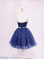 Dark Blue Sweetheart Neck Tulle Sequin Short Formal Prom Dresses Blue Puffy Homecoming Dresses