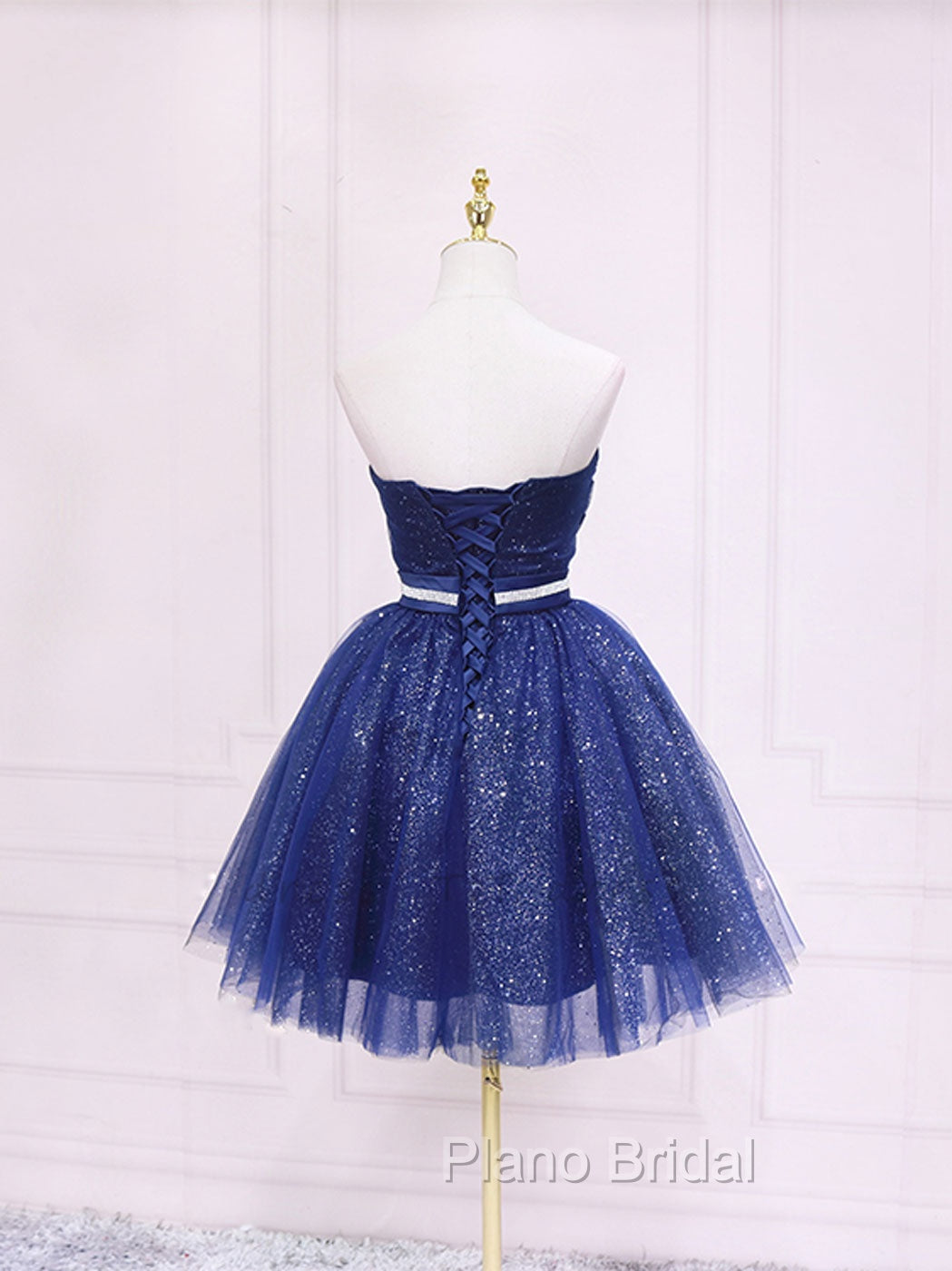 Dark Blue Sweetheart Neck Tulle Sequin Short Formal Prom Dresses Blue Puffy Homecoming Dresses