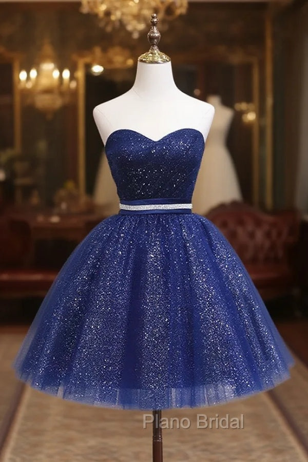 Dark Blue Sweetheart Neck Tulle Sequin Short Formal Prom Dresses Blue Puffy Homecoming Dresses Main image