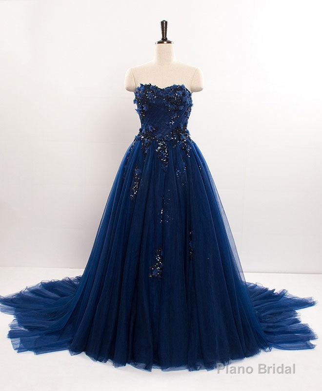 Dark Blue Sweetheart Tulle Lace Long Prom Dress Blue Tulle Evening Dress Main image