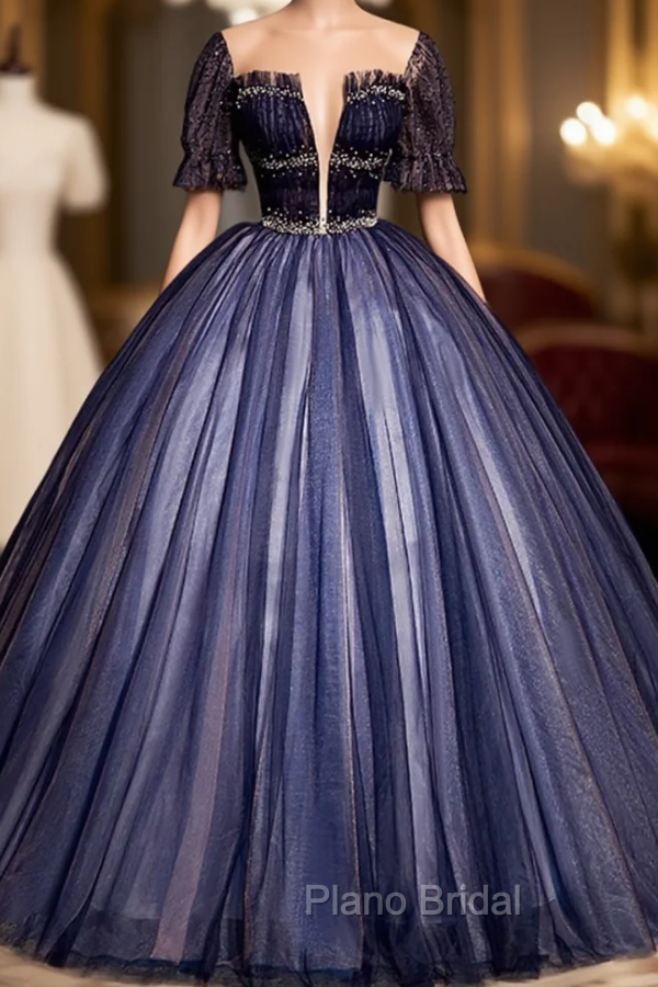 Dark Blue Tulle Backless Beading Quinceanera Dresses Main image