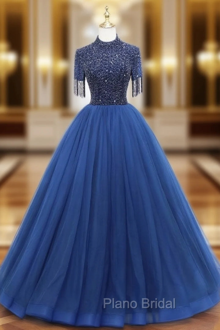 Dark Blue Tulle High Neck Beading Formal Prom Dresses