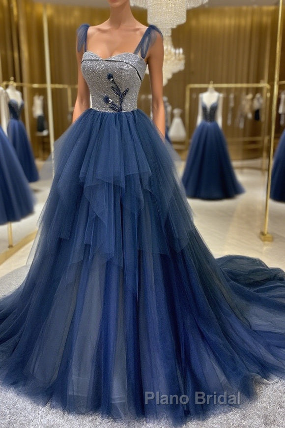 Dark blue tulle lace long Formal Prom dress, blue tulle formal dress Main image