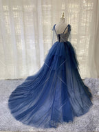 Dark blue tulle lace long Formal Prom dress, blue tulle formal dress