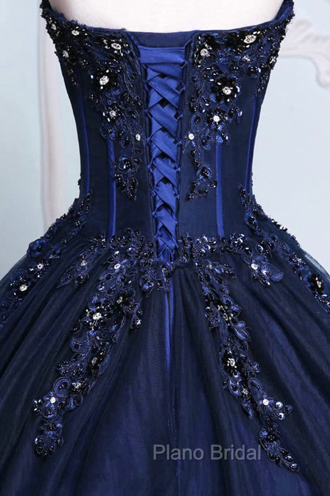 Dark Blue Tulle Lace Princess Dresses, A-Line Strapless Long Formal Prom Dresses