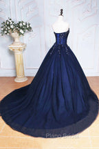Dark Blue Tulle Lace Princess Dresses, A-Line Strapless Long Formal Prom Dresses