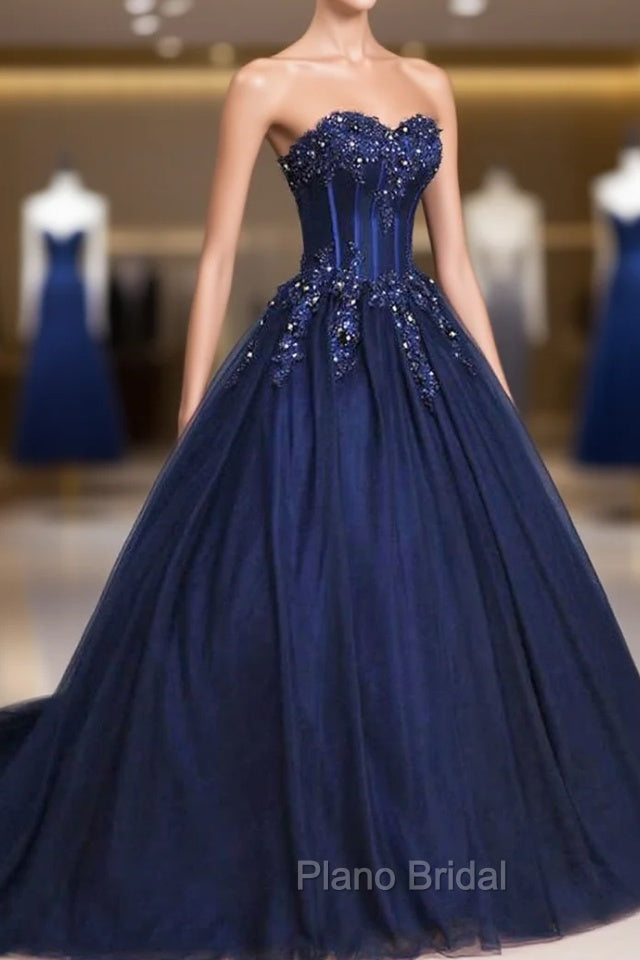 Dark Blue Tulle Lace Princess Dresses, A-Line Strapless Long Formal Prom Dresses Main image